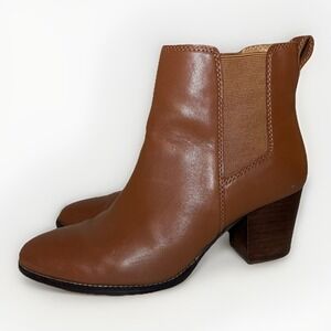 J. Crew Cognac Brown Leather‎ Ankle Block Heel Booties Pull On Boots Women's 9